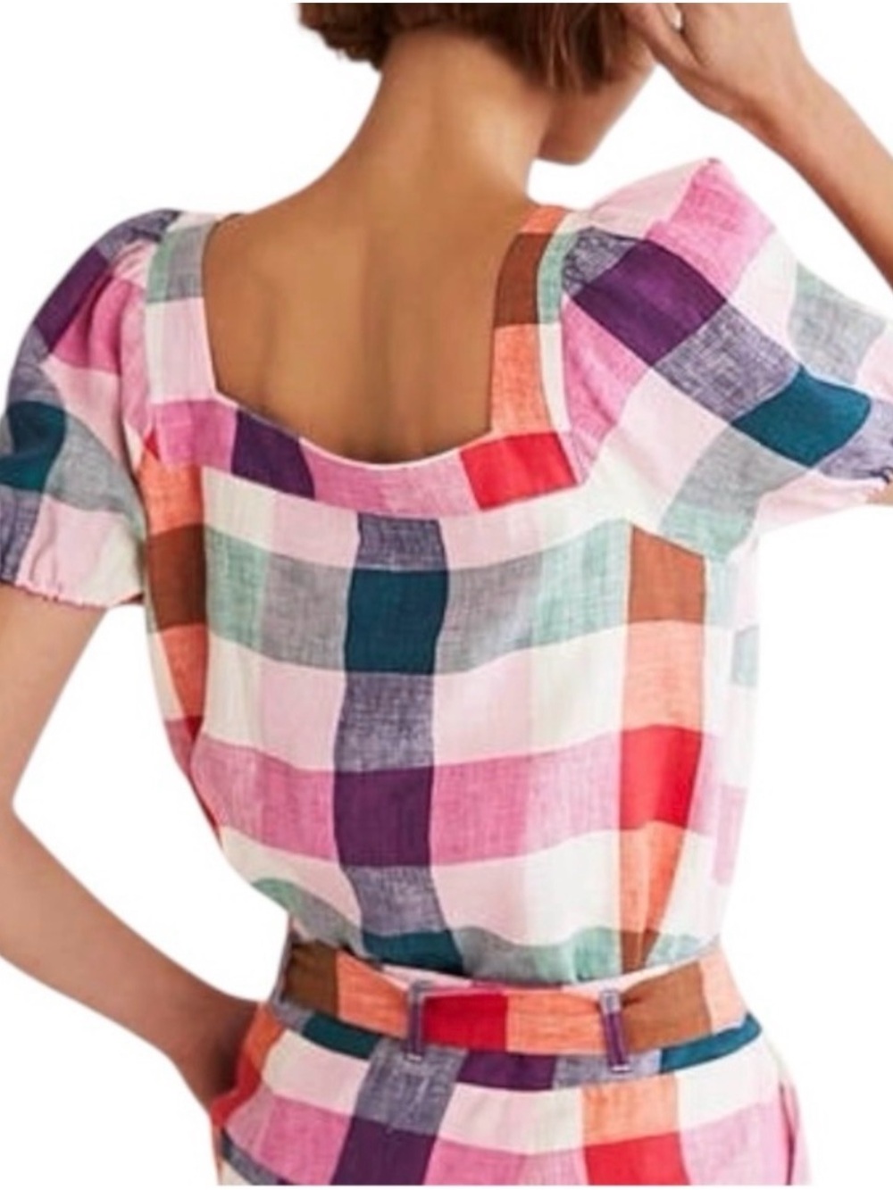 Boden Gingham Check Linen Square Neck Short Puff Sleeve Top - Picture 2 of 9
